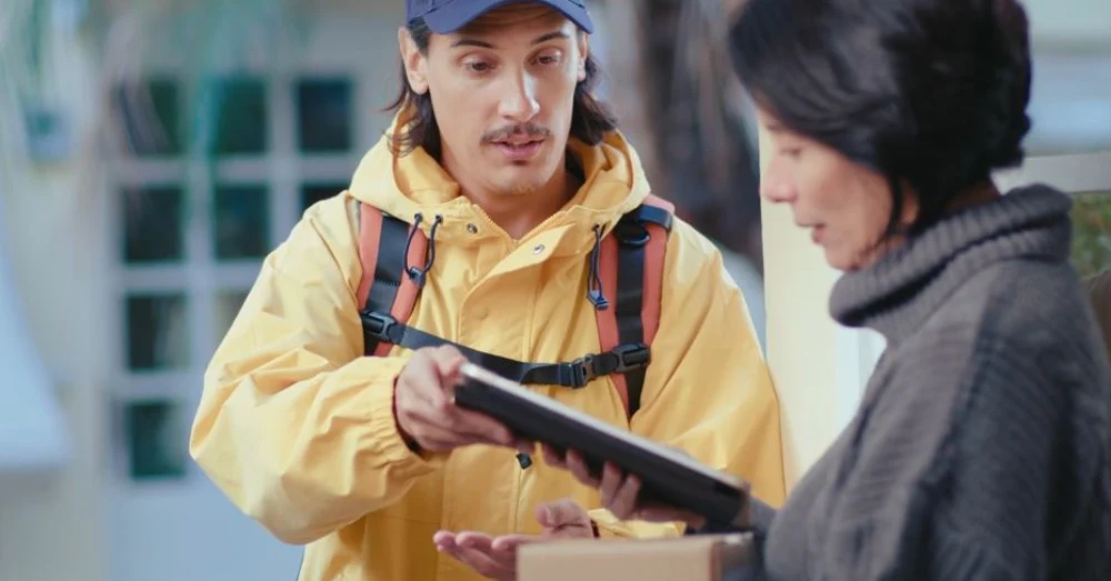 Mensajero entregando un paquete en portería cuando el residente no se encuentra disponible