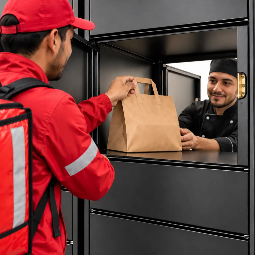 Domiciliario retirando un pedido desde un Food Locker