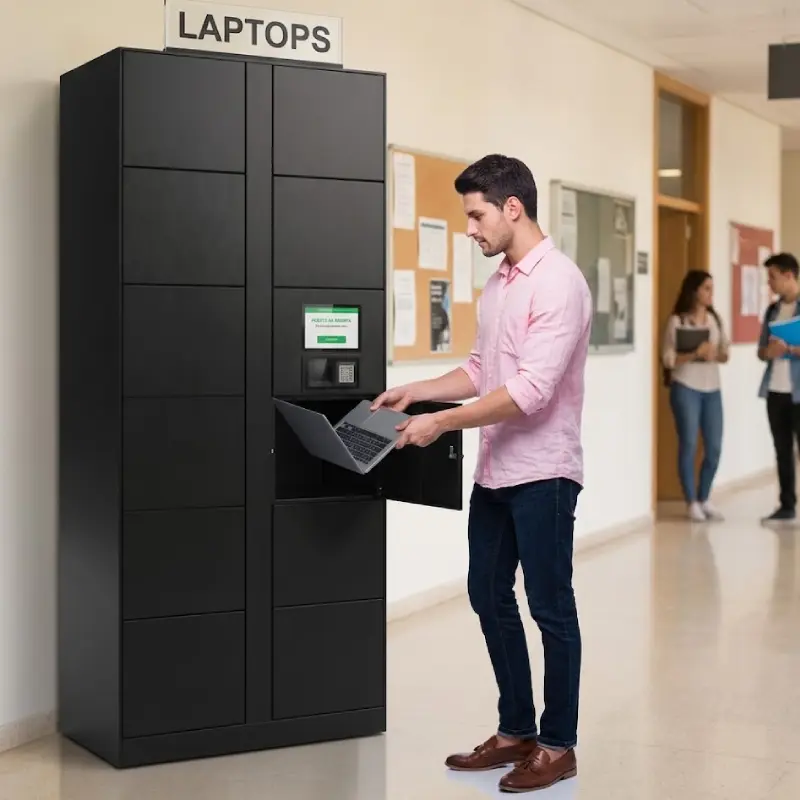 Estudiante universitario utilizando un computador portátil disponible mediante un servicio de préstamo